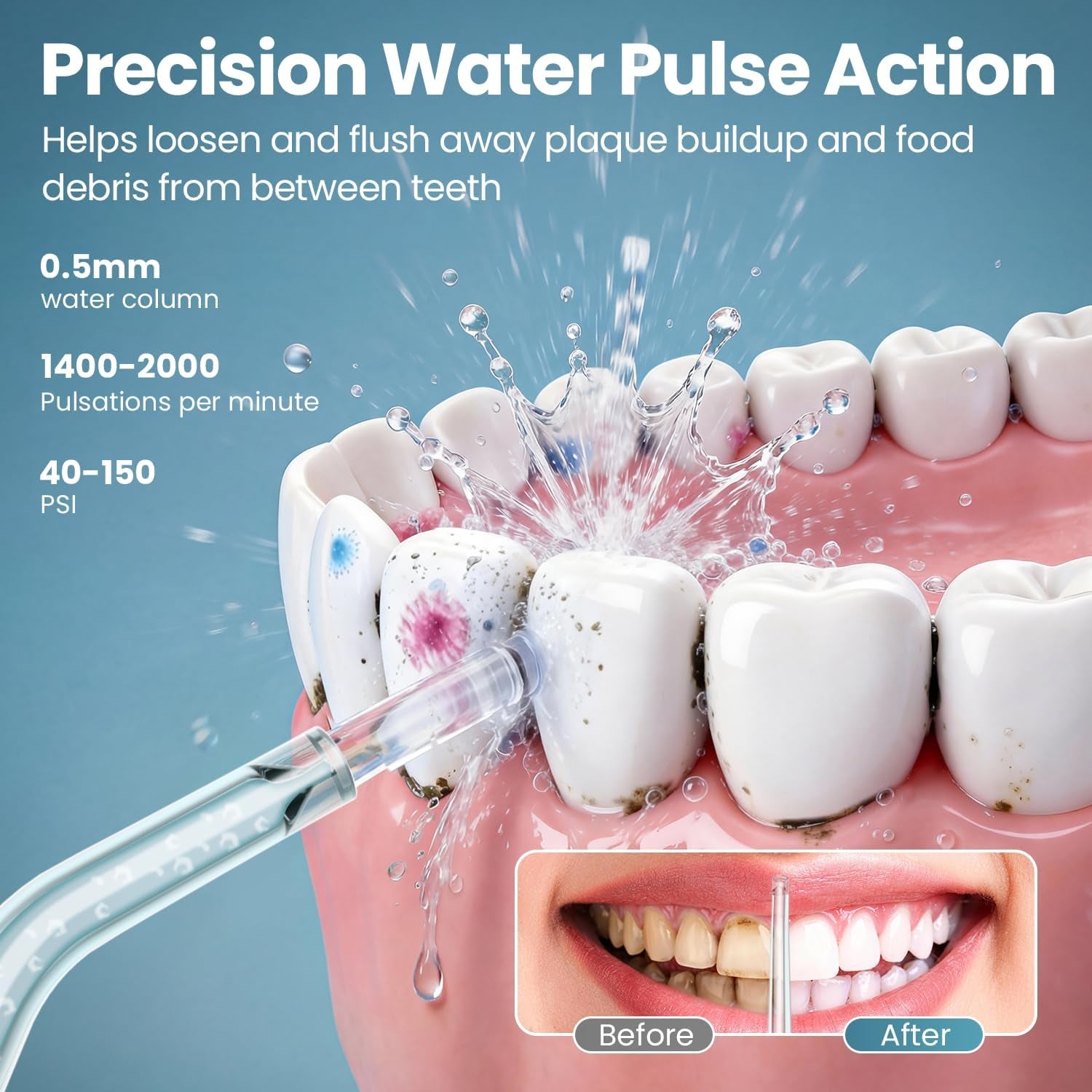 Close-up of precision water pulse action of rechargeable cordless water flosser enhancing oral hygiene.