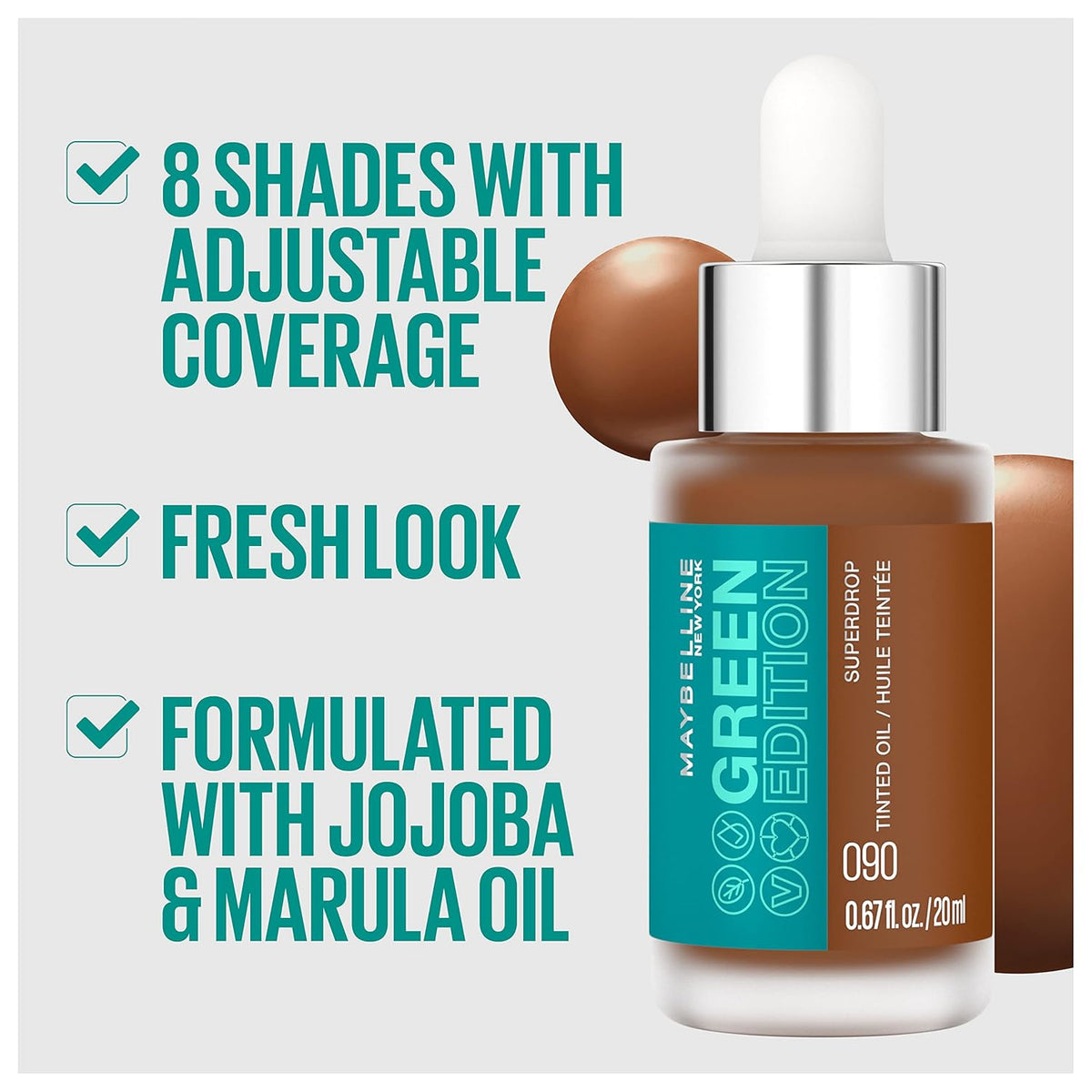 Maybelline Green Edition Superdrop Tinted Oil Foundation with Jojoba & Marula Oil showcasing 8 shades and adjustable coverage.