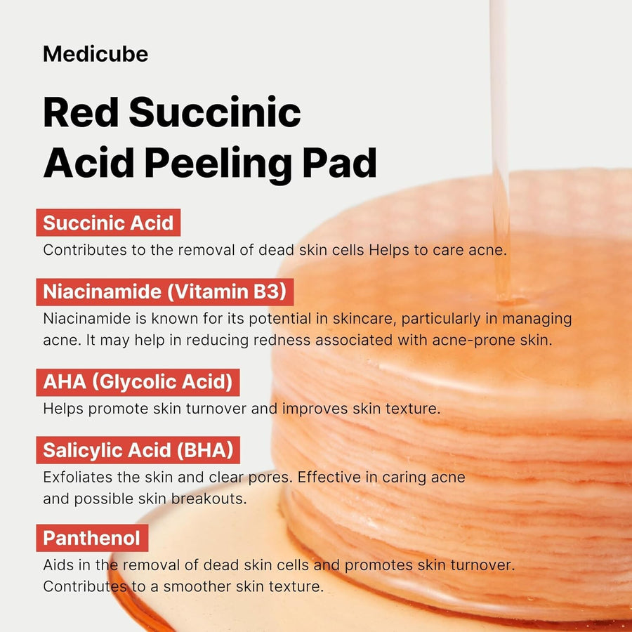 Medicube Red Succinic Acid Peeling Pad ingredients including succinic acid, niacinamide, and panthenol for skin care.