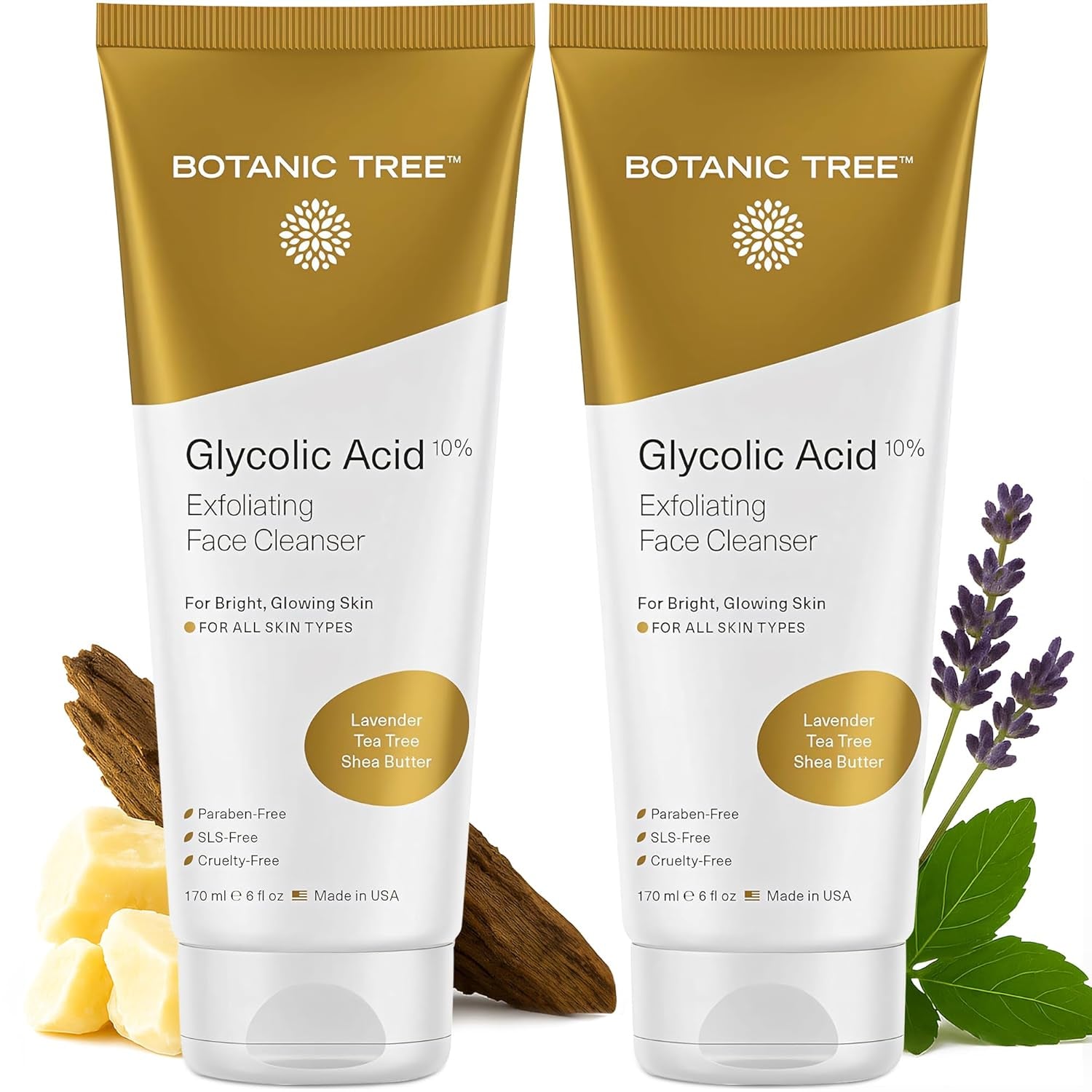 Botanic Tree Glycolic Acid Face Wash - Facial Cleanser and Scrub - 10% Glycolic Acid, AHA - Salicylic Cleanser - 6 Fl. Oz