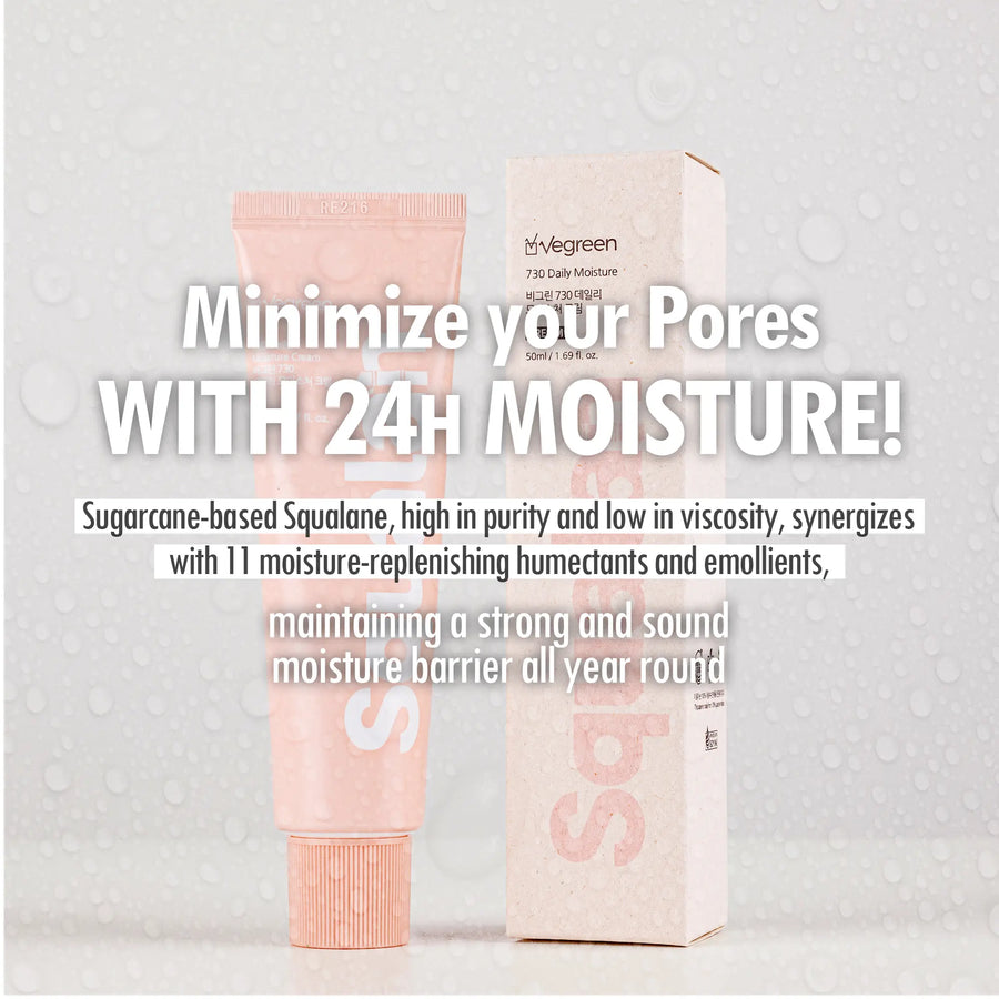 VEGREEN 730 Squalane Face Moisturizer — Korean squalane face moisturizer for 24-hour hydration and skin barrier repair.