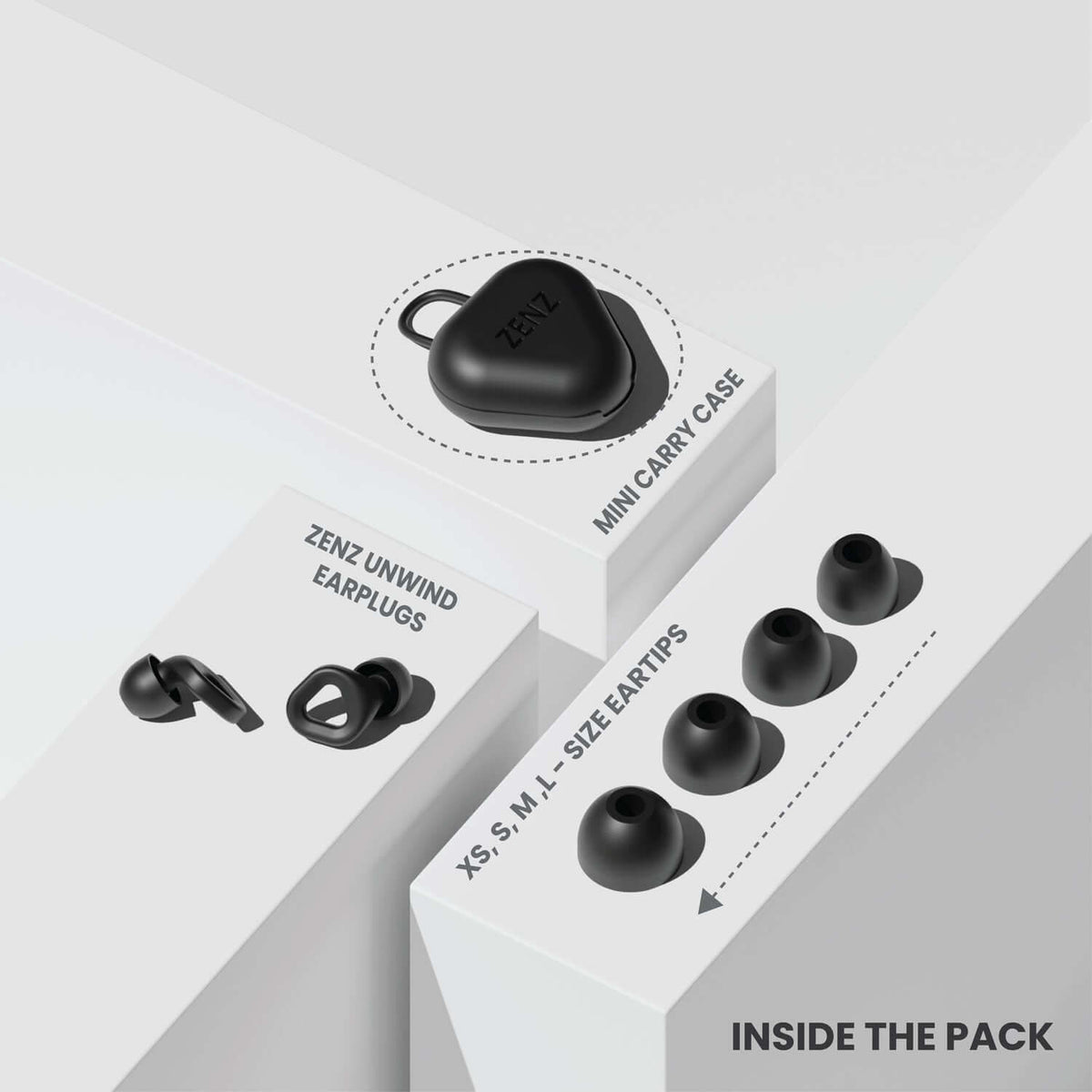 ZENZ Unwind Earplugs in Onyx Black with mini carry case and various ear tip sizes for optimal noise reduction earplugs.