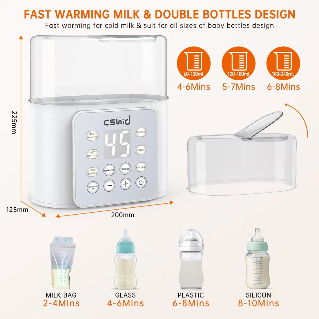 9-in-1 baby bottle warmer with fast warming for cold milk, LCD display, and double bottle design.