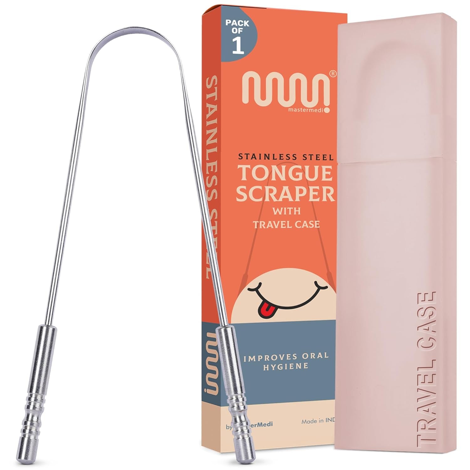 Mastermedi Tongue Scraper for Adults with Multicolor Travel Cases (2 Pack), 100% Stainless Steel, Reduce Bad Breath, Tongue Scrubber, Easy to Use, Tongue Cleaner for Oral Care & Hygiene