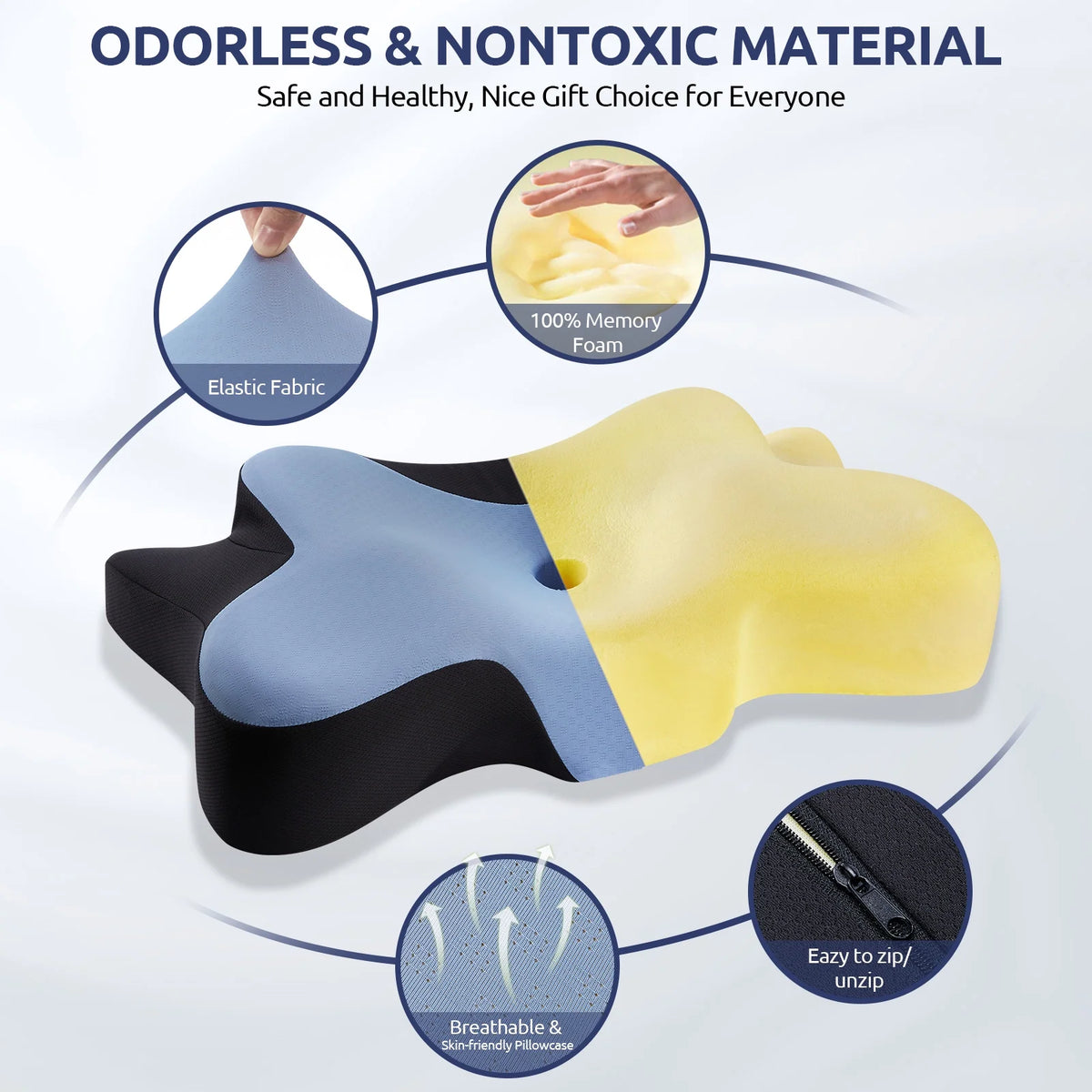 Contour Memory Foam Cervical Pillow showing odorless and nontoxic material, suitable for various sleepers.