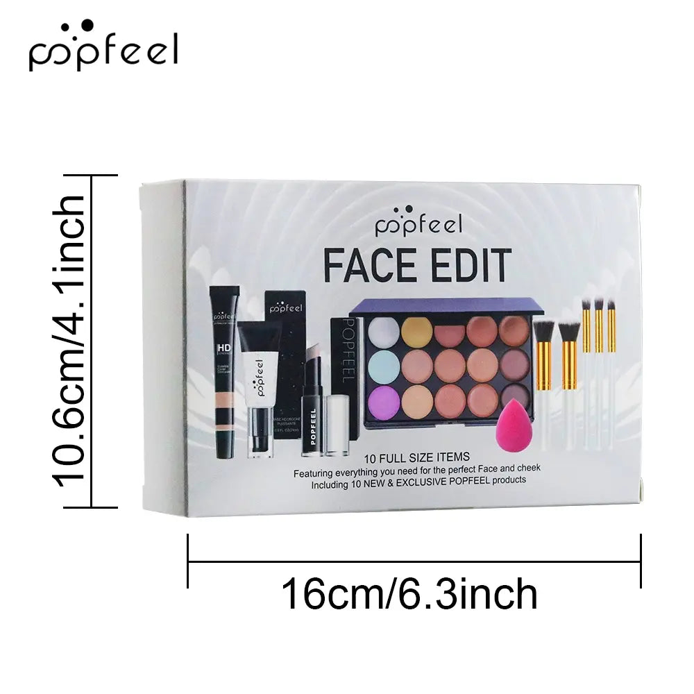 Popfeel Face Makeup Set 10-Piece Kit, Concealer & Primer Cream, Complete Cosmetic Collection for Teen Girls, Includes Brushes, Daily Makeup Kit