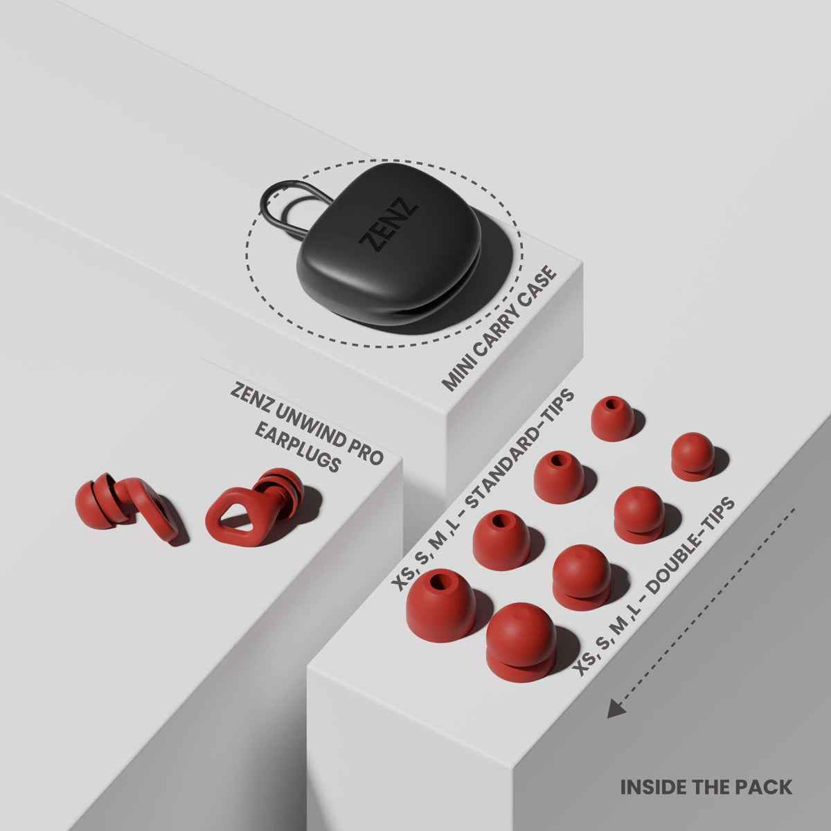 ZENZ Unwind Pro Earplugs with mini carry case and various tip sizes for noise reduction earplugs for sleep.