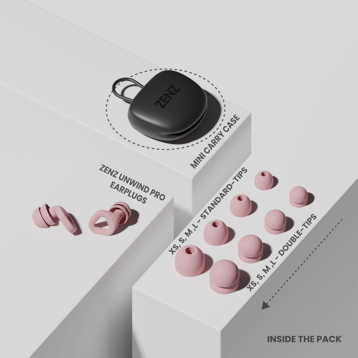 ZENZ Unwind Pro Earplugs in Mystic Pink with carry case and various ear tip sizes for noise reduction earplugs for sleep.