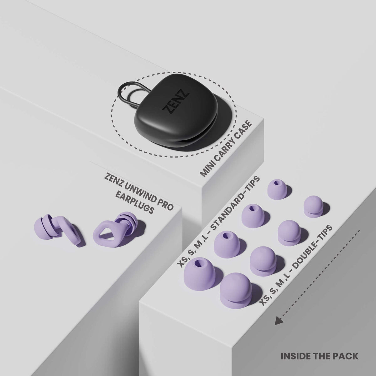 ZENZ Unwind Pro Earplugs in a mini carry case, including various ear tip sizes for optimal comfort and noise reducing earplugs for sleep.
