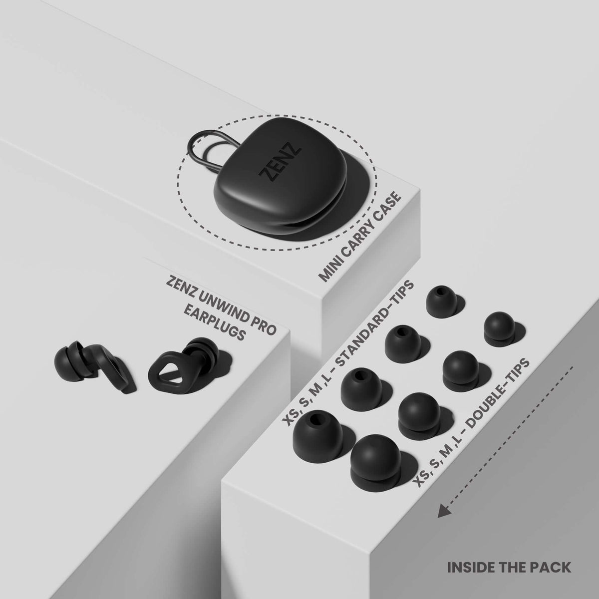 ZENZ Unwind Pro Earplugs and mini carry case with ear tips, ideal noise reducing earplugs for better sleep.