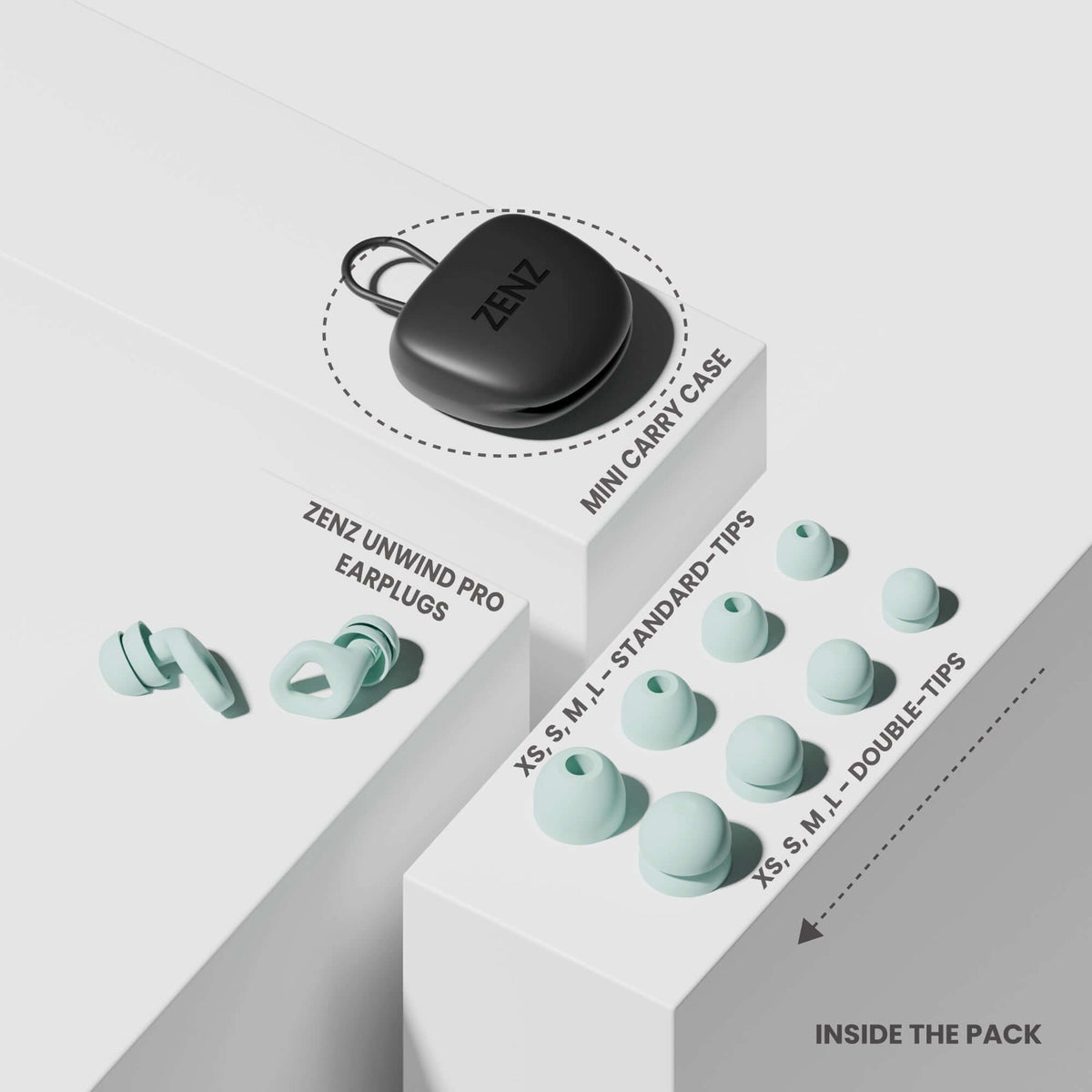 ZENZ - Unwind Pro Earplugs in a mini carry case with various ear tip sizes for noise-reducing earplugs for better sleep.