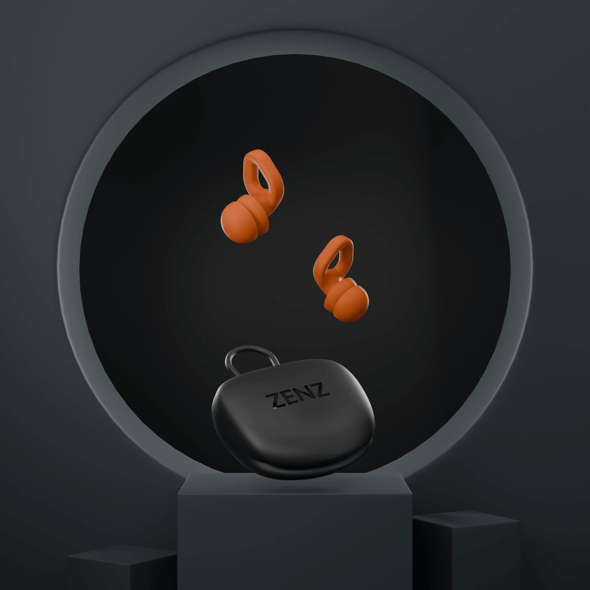 ZENZ - Unwind Pro Earplugs in blaze orange, noise reducing earplugs displayed on a pedestal against a dark background.