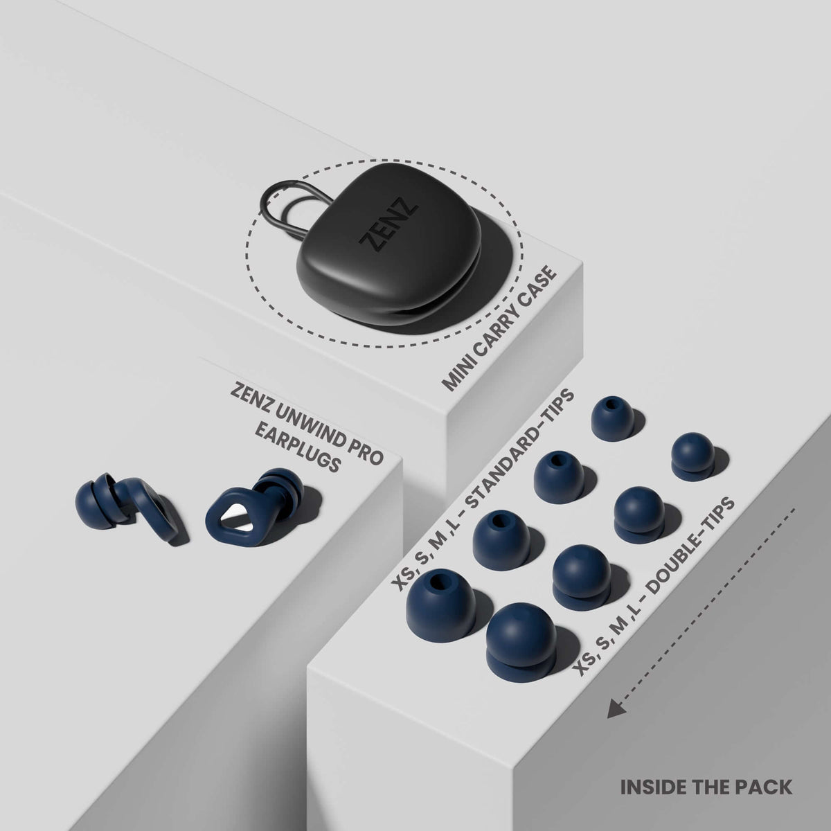 ZENZ Unwind Pro Earplugs in mini carry case with multiple ear tip sizes for noise reducing earplugs for better sleep.