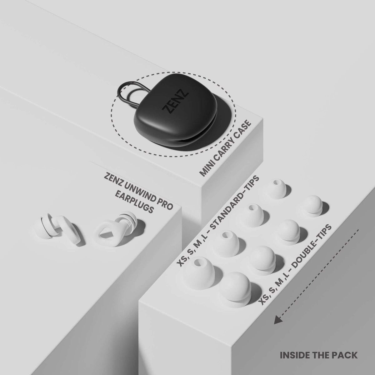 ZENZ Unwind Pro Earplugs in a mini carry case with various ear tip sizes for noise reducing earplugs for better sleep.