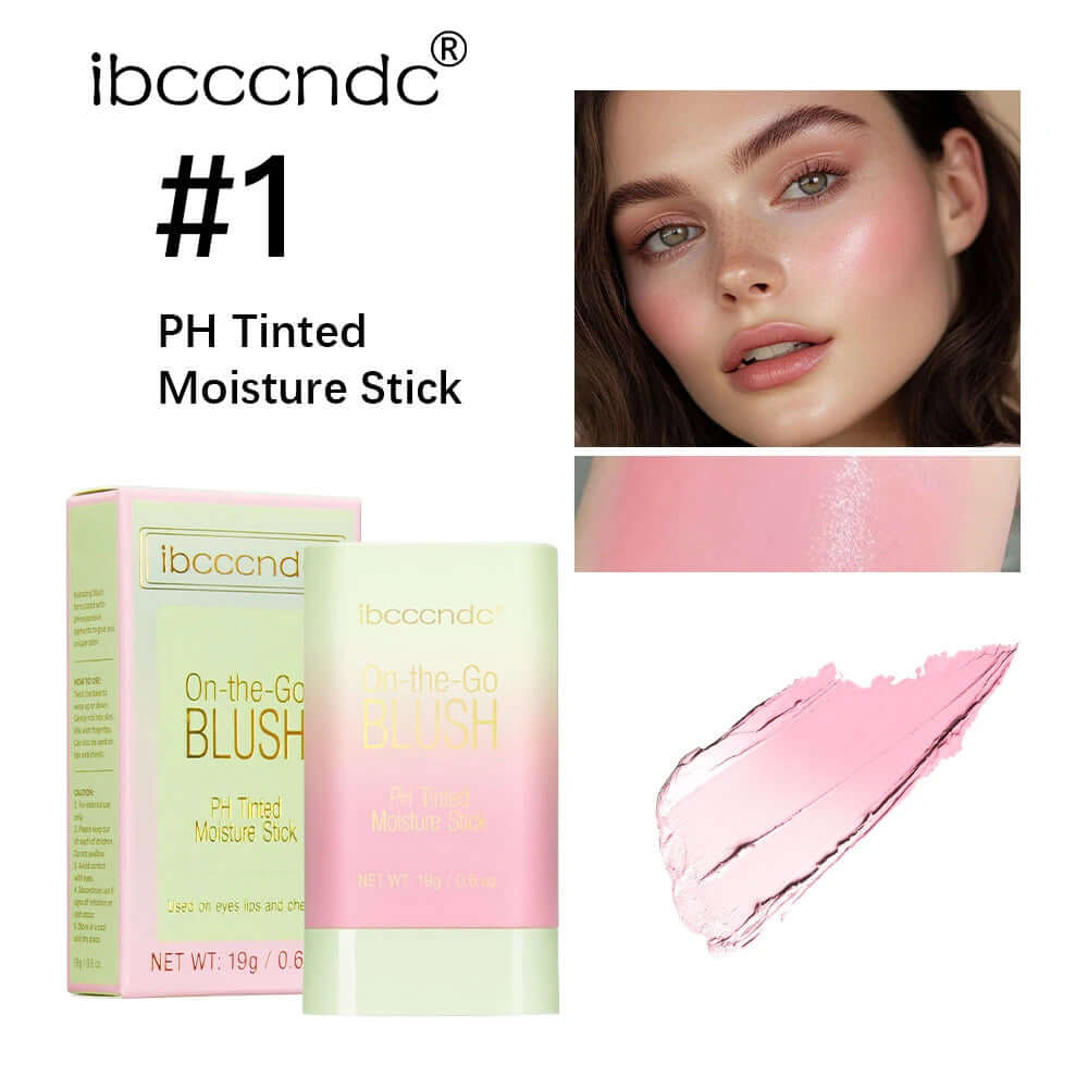 Temperature change tint blush stick with packaging and model showing rosy cheeks from ibccndc.