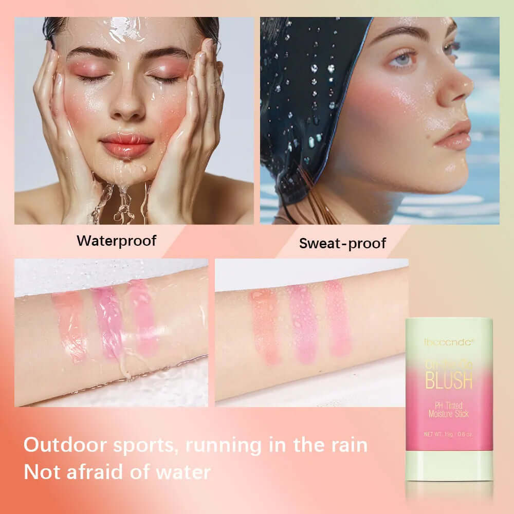 Temperature Change Tint Blush Stick in waterproof and sweat-proof applications for outdoor sports and rainy conditions.