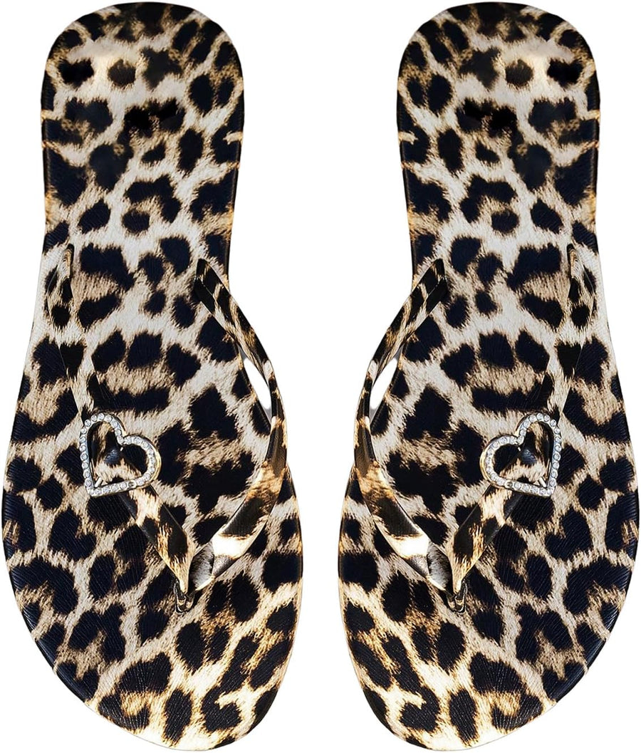 OYOANGLE Women'S Leopard Print Flip Flop Sandals Rhinestone Heart Decor Vacation Casual Cheetah Thong Sandal