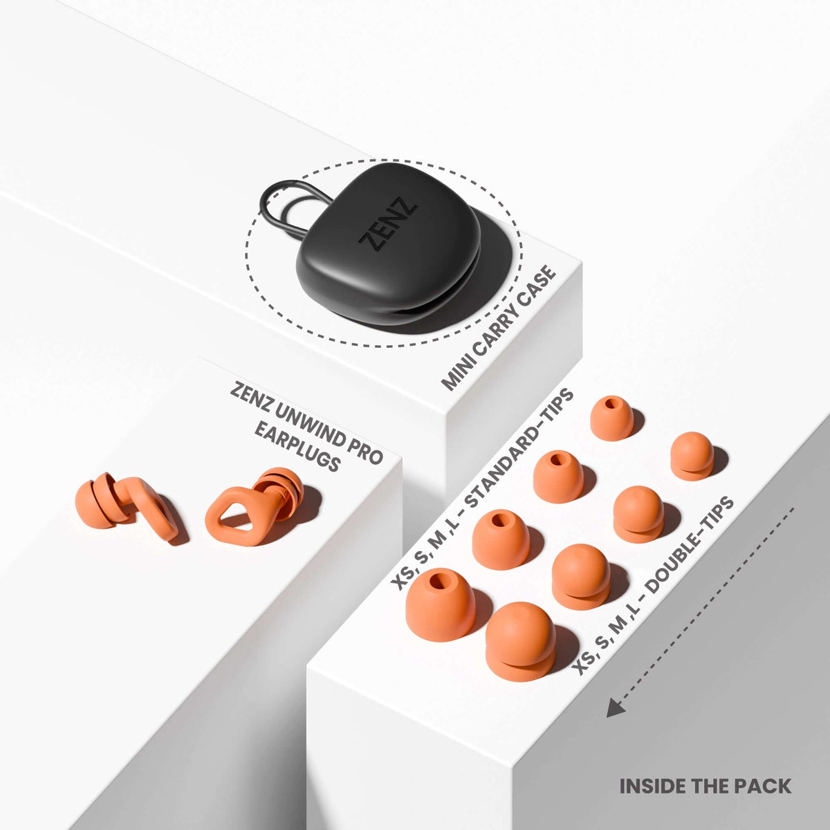 ZENZ Unwind Pro Earplugs with mini carry case and multiple ear tip sizes for effective noise reducing earplugs.