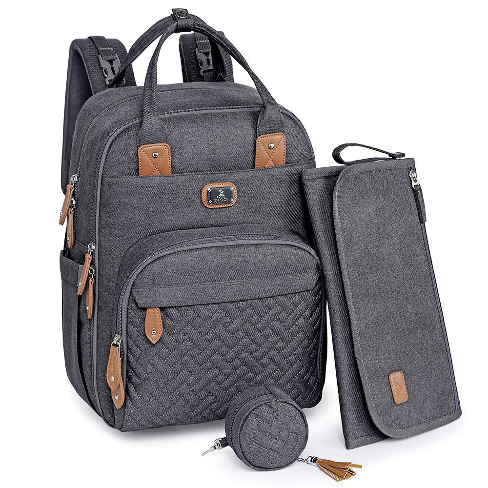 Dikaslon Diaper Bag Backpack with Portable Changing Pad, Pacifier Case and Stroller Straps, Large Unisex Baby Bags for Boys Girls, Multipurpose Travel Back Pack Moms Dads, Gray