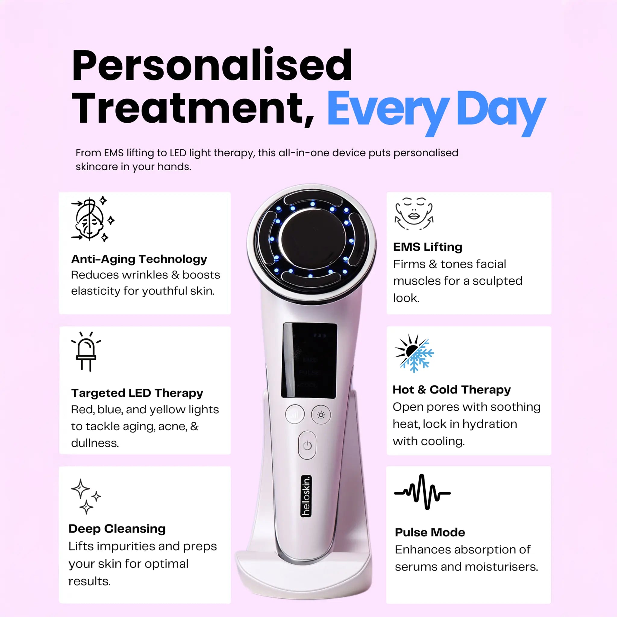 Helloskin Hot/Cold LED Light Therapy Handset V3.0 – EMS Microcurrent, Deep Cleanse Vibration, Smart Temperature Therapy, Red/Blue/Green LED Modes for Gentle Facial Cleansing & Soothing