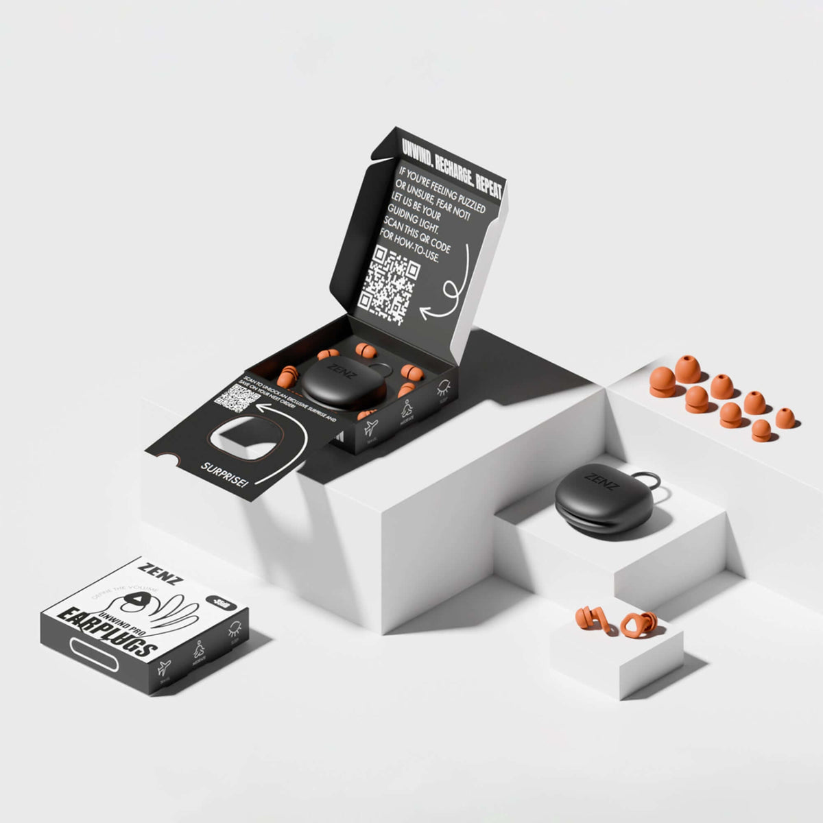 ZENZ Unwind Pro Earplugs in packaging showcasing noise reducing earplugs in blaze orange for ultimate peace and comfort.