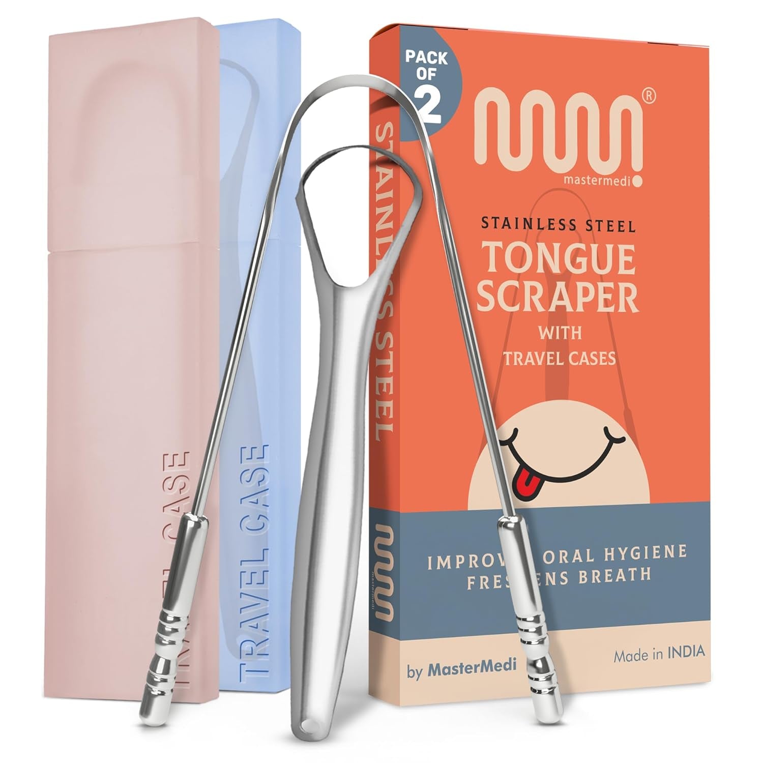 Mastermedi Tongue Scraper for Adults with Multicolor Travel Cases (2 Pack), 100% Stainless Steel, Reduce Bad Breath, Tongue Scrubber, Easy to Use, Tongue Cleaner for Oral Care & Hygiene