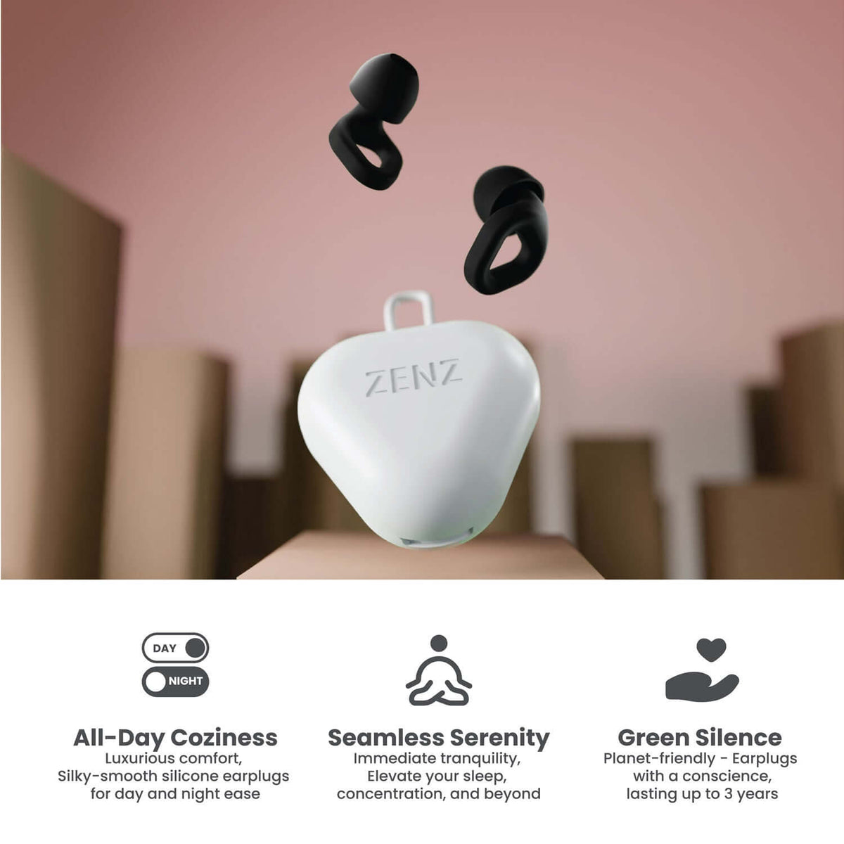 ZENZ Unwind Earplugs Onyx Black, noise reduction earplugs for better sleep and focus.