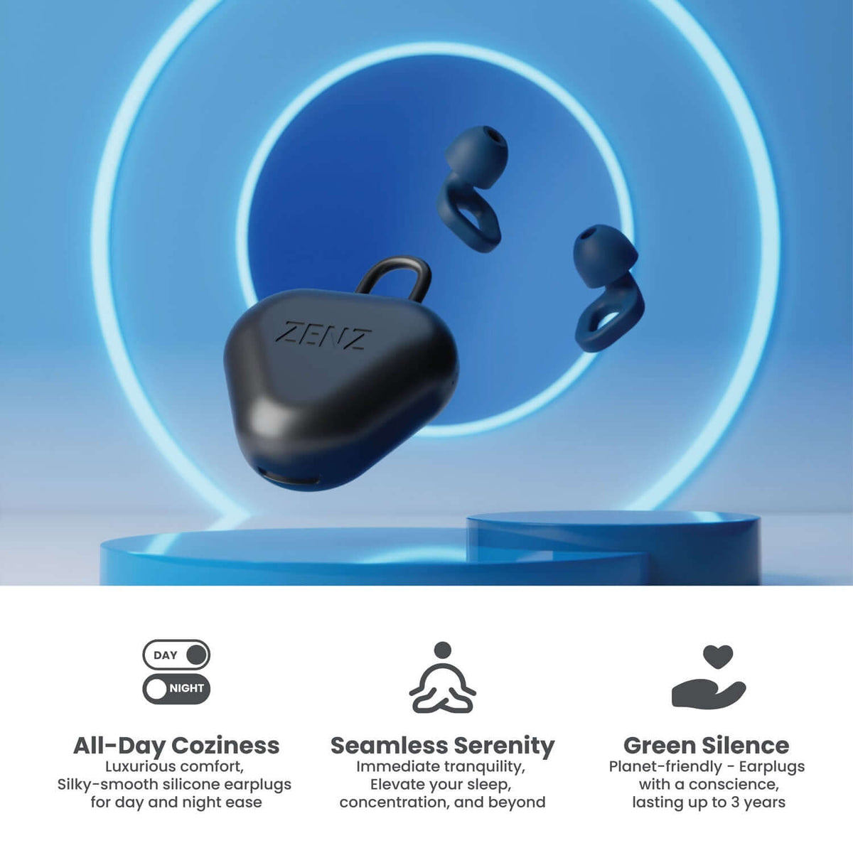 ZENZ Unwind Earplugs in Lagoon Navy, noise reducing earplugs for sleep, designed for comfort and tranquility.