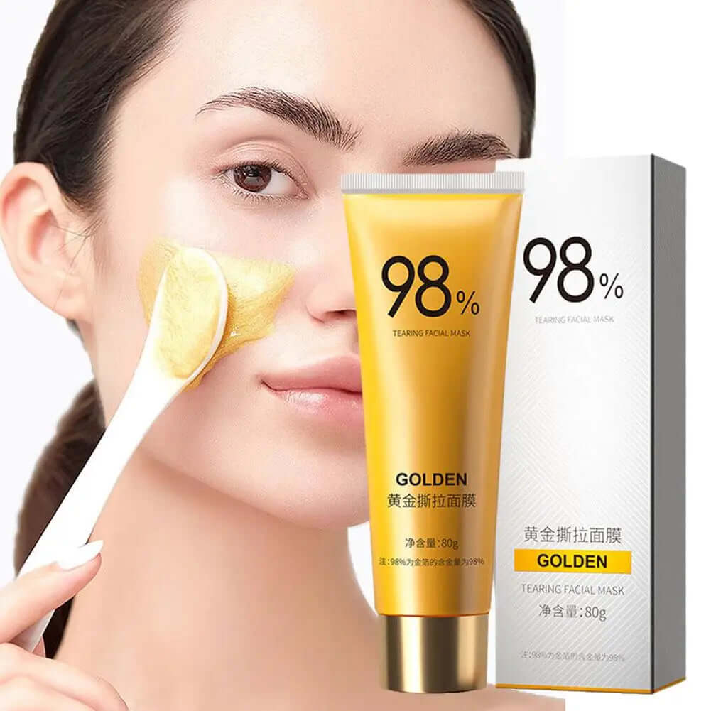Model applying gold peel mask for blackhead removal, showcasing its deep cleansing and tightening benefits.