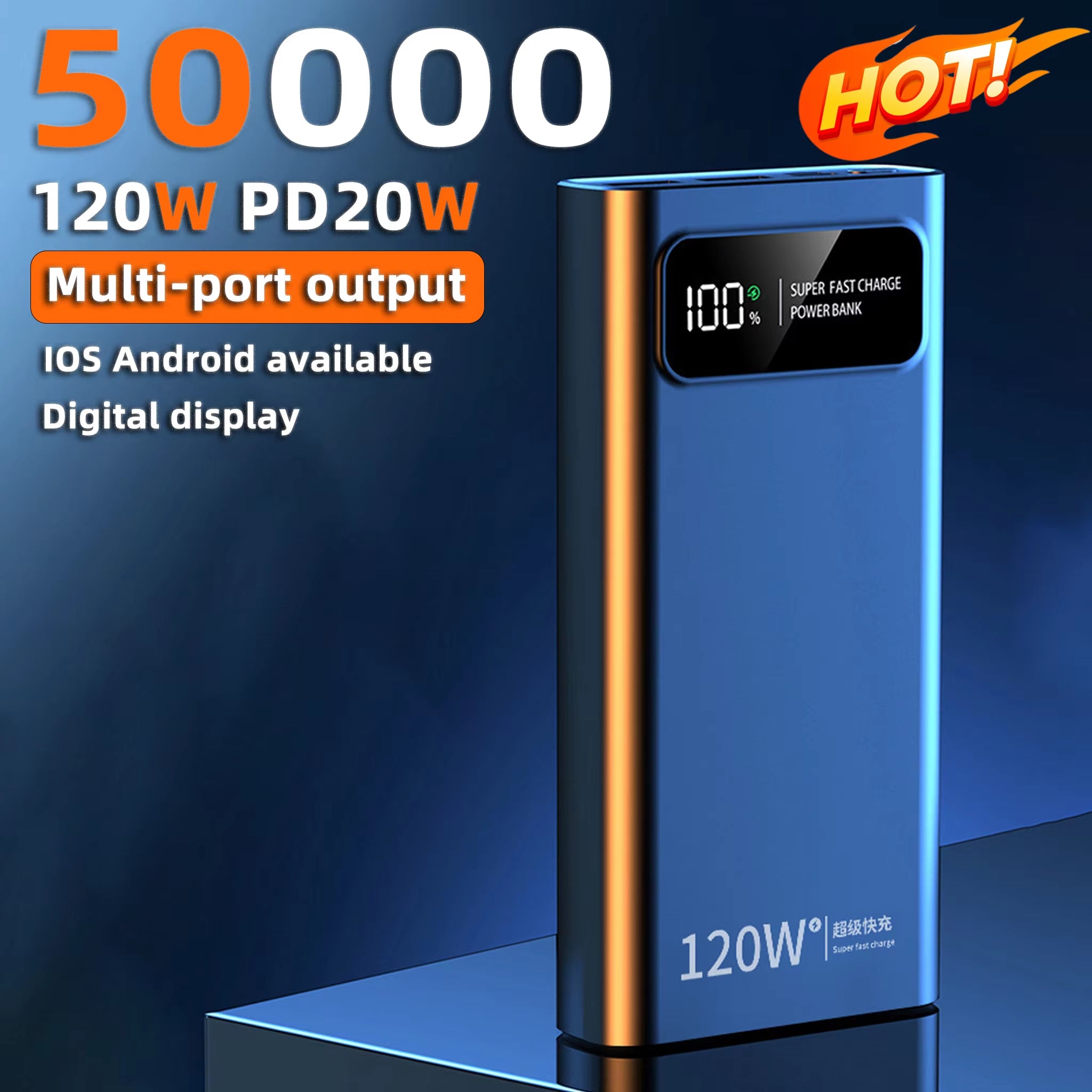 120W Super Fast Charge Portable Power 50000Mah Large Capacity Portable Power Bank Digital Display External Battery