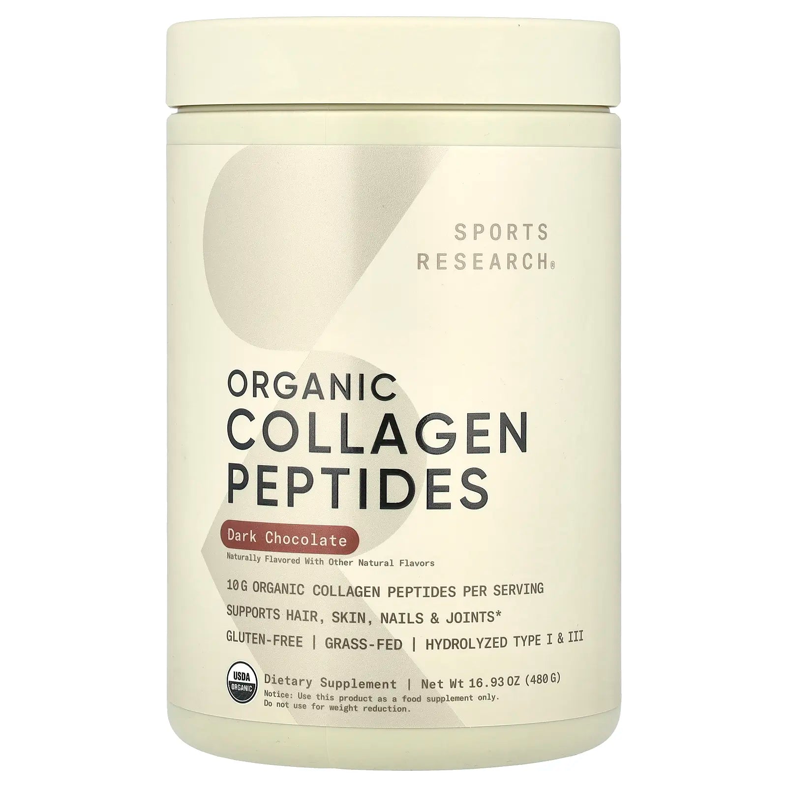 Sports Research Organic Collagen Peptides, Dark Chocolate, 16.93 Oz (480 G)