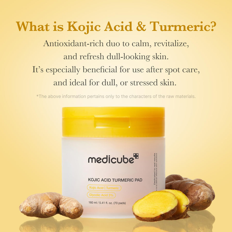 Medicube Kojic Acid Turmeric Toner Pads with antioxidant-rich ingredients for revitalizing dull skin.