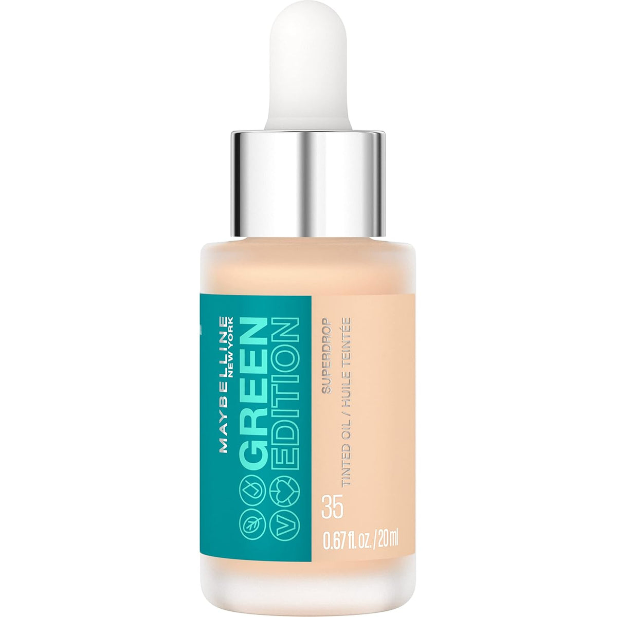 Maybelline Green Edition Superdrop Tinted Oil Foundation with Jojoba and Marula Oil, Color 35, 0.67 Fl Oz.