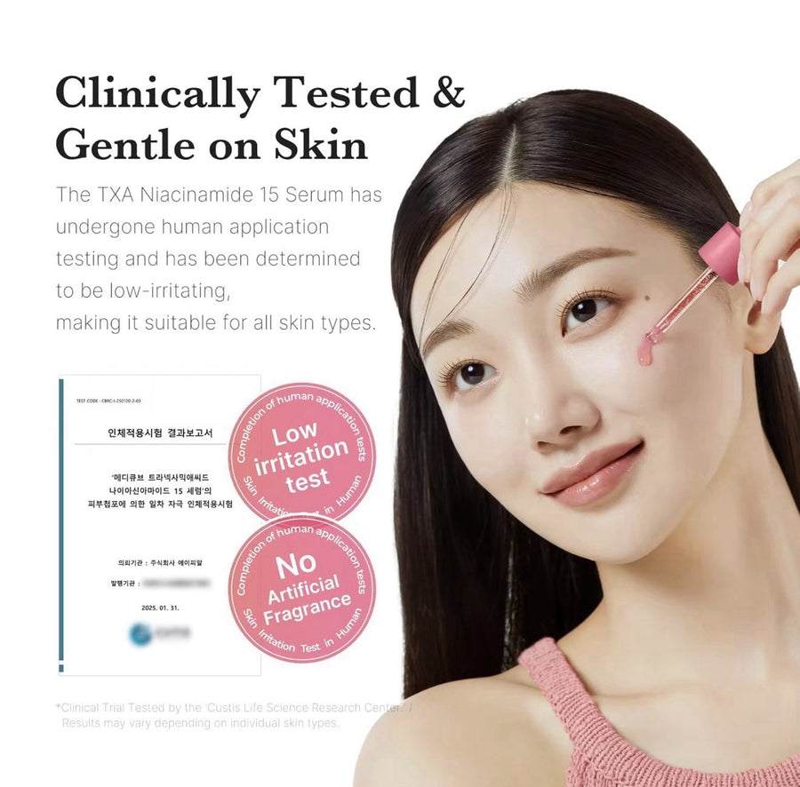 Clinically tested TXA Niacinamide 15 Serum being applied by a woman, highlighting its low irritation and suitability for all skin types.