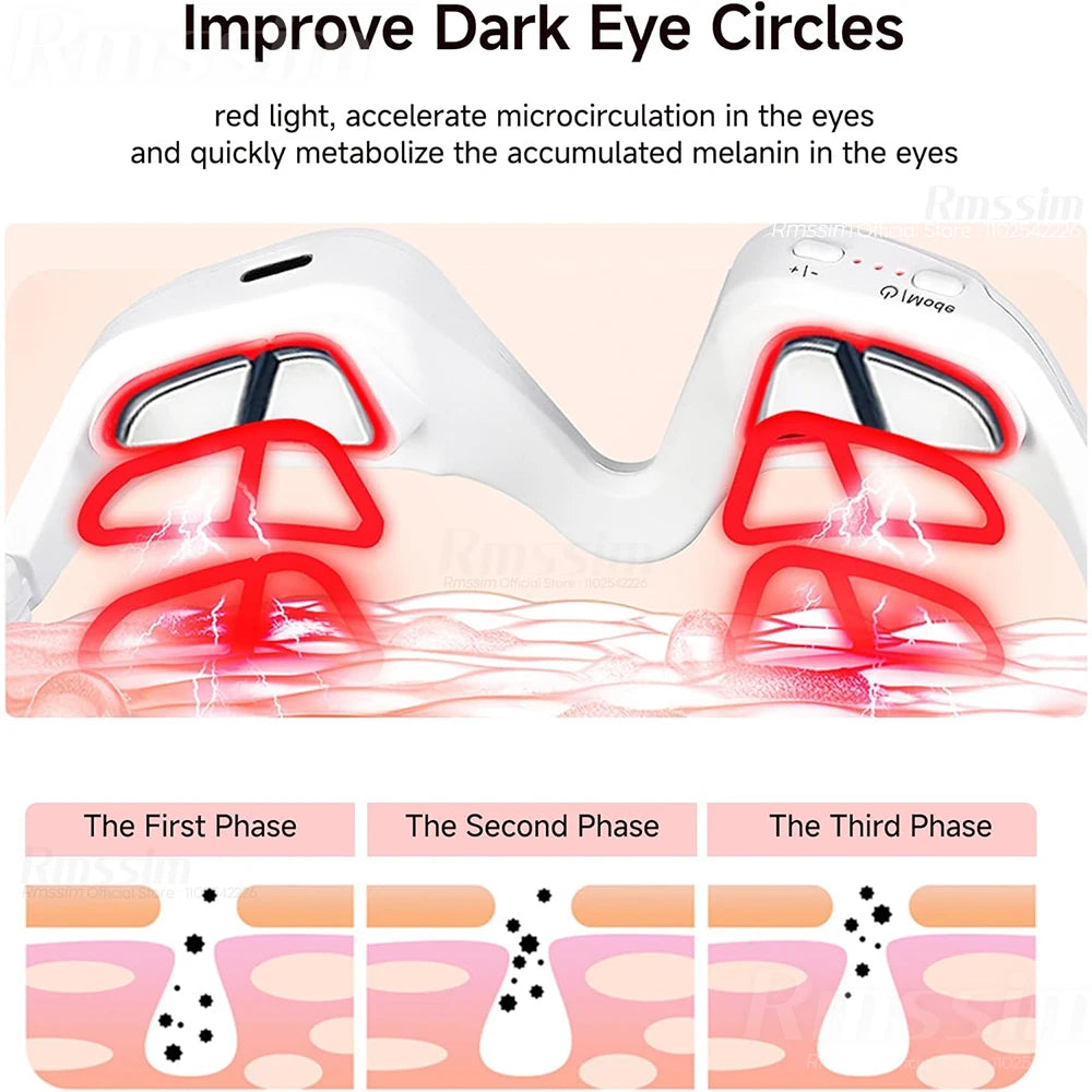 Eye Massager 3D Red Light EMS technology illustrating phases of dark circle improvement and microcirculation.