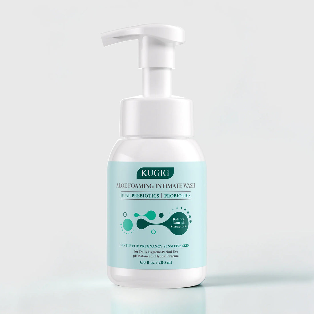 KUGIG pH-balanced intimate cleanser for sensitive skin in a foaming wash bottle with aloe and probiotics.