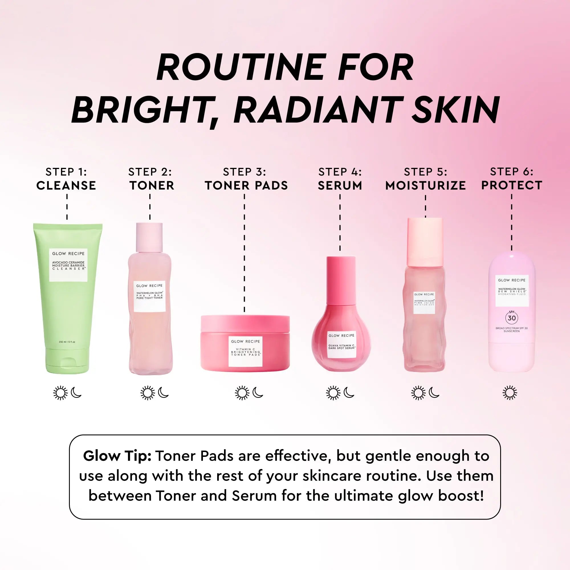 Glow Recipe Vitamin C Brightening Korean Toner Pads - Gentle, Caffeine-Infused, Radiance-Boosting Skincare for Adults with Dry & All Skin Types, Korean Facial Toner Pads