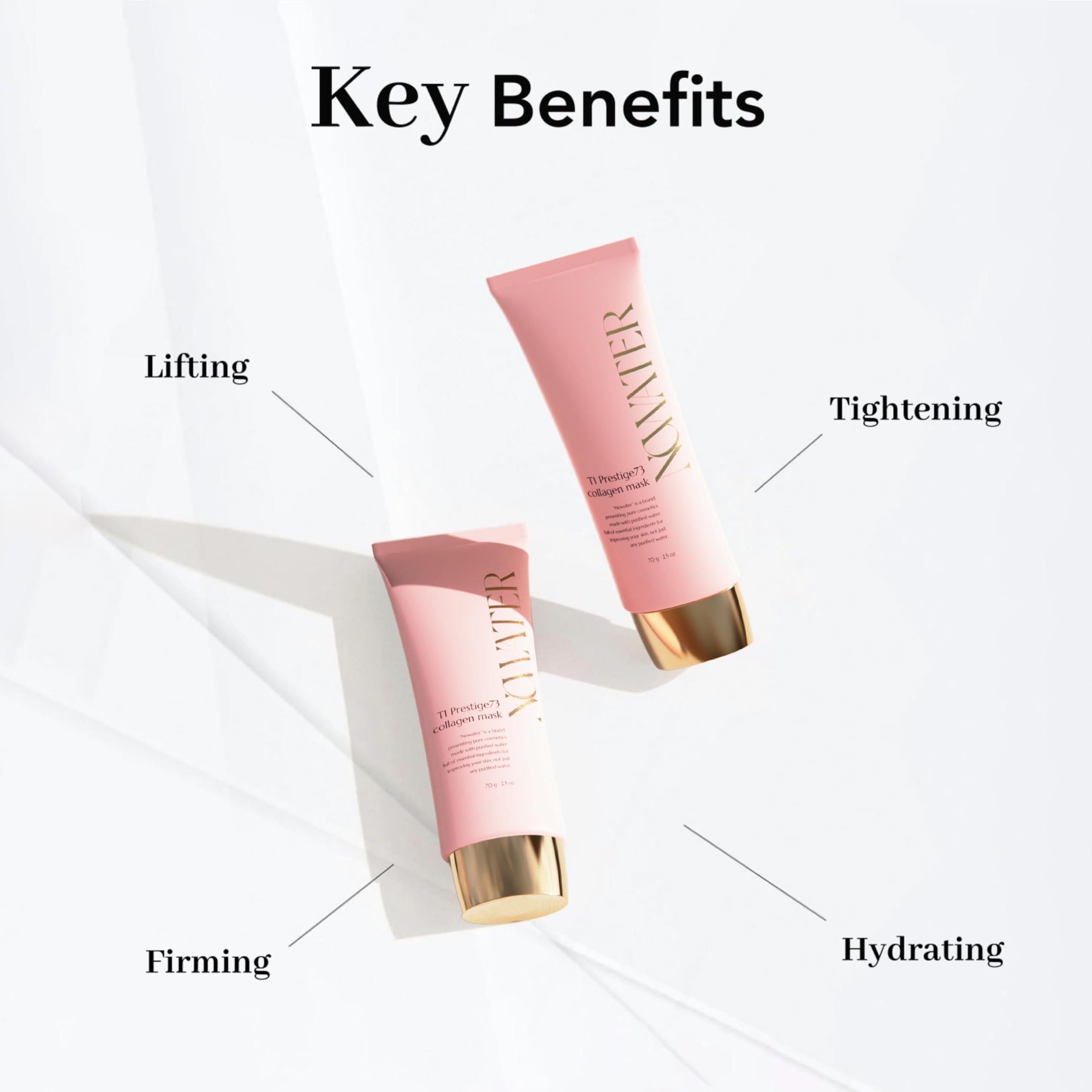 Collagen elastin hydrating mask key benefits including lifting, tightening, firming, and hydrating.