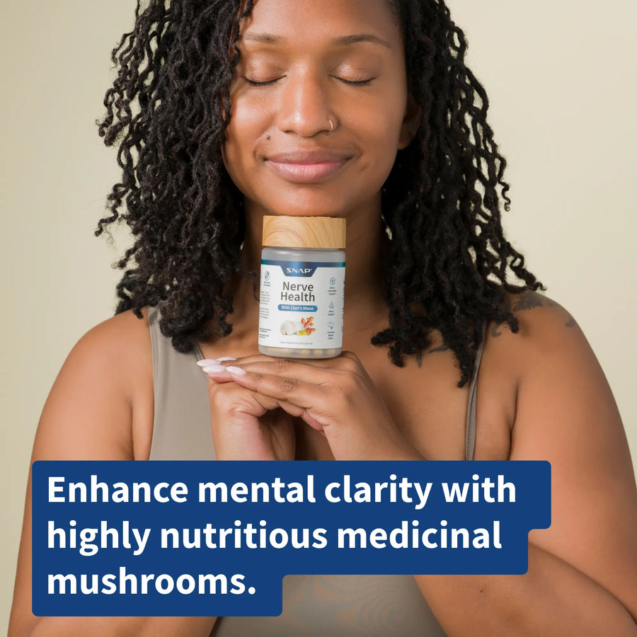 Natural nerve health supplement for mental clarity and wellness, featuring medicinal mushrooms in a serene setting.