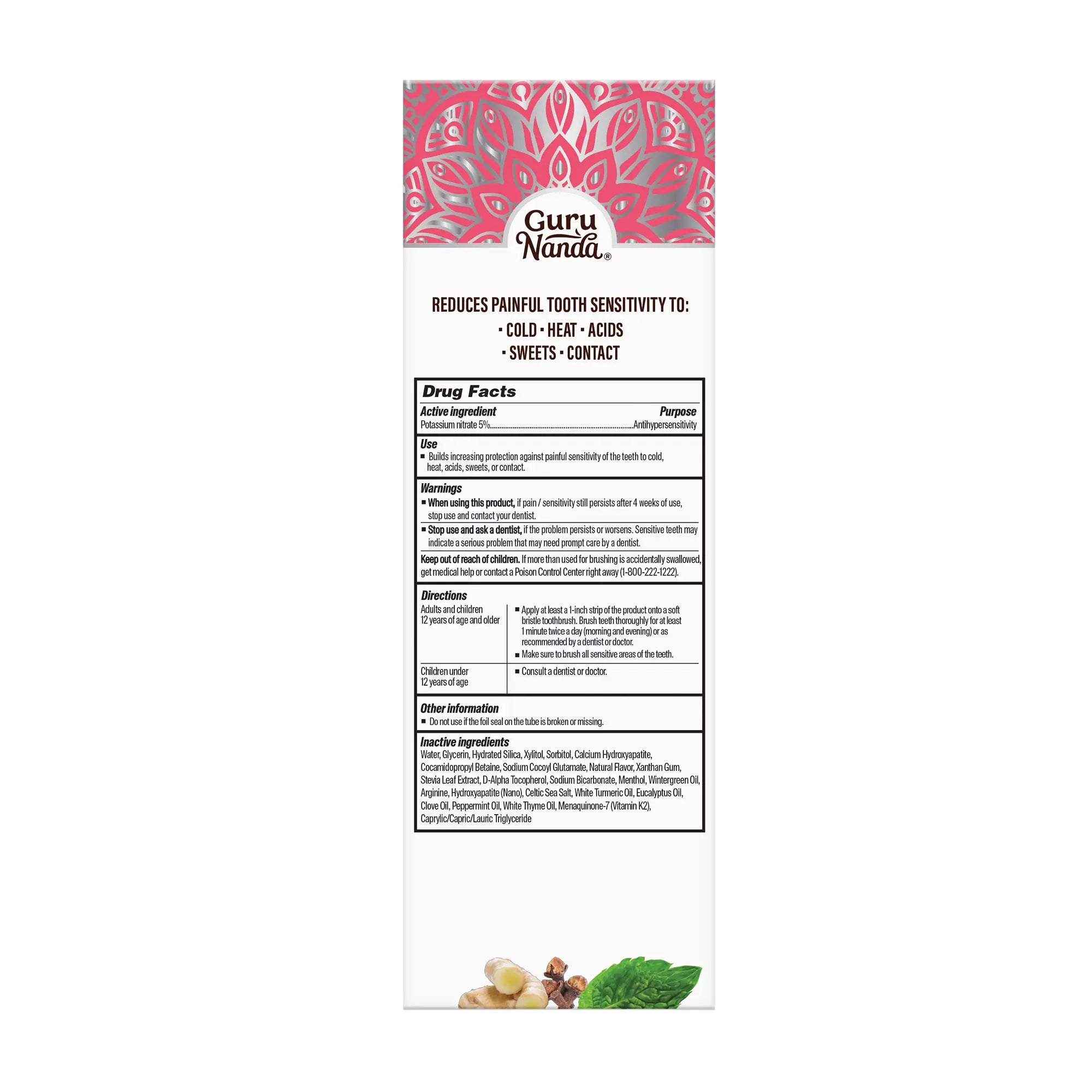 Gurunanda Sensitive Toothpaste – 5% Potassium Nitrate for Tooth Sensitivity Relief, Nano Hydroxyapatite & White Turmeric, Fluoride-Free, Natural Clove Mint, 4.2 Oz