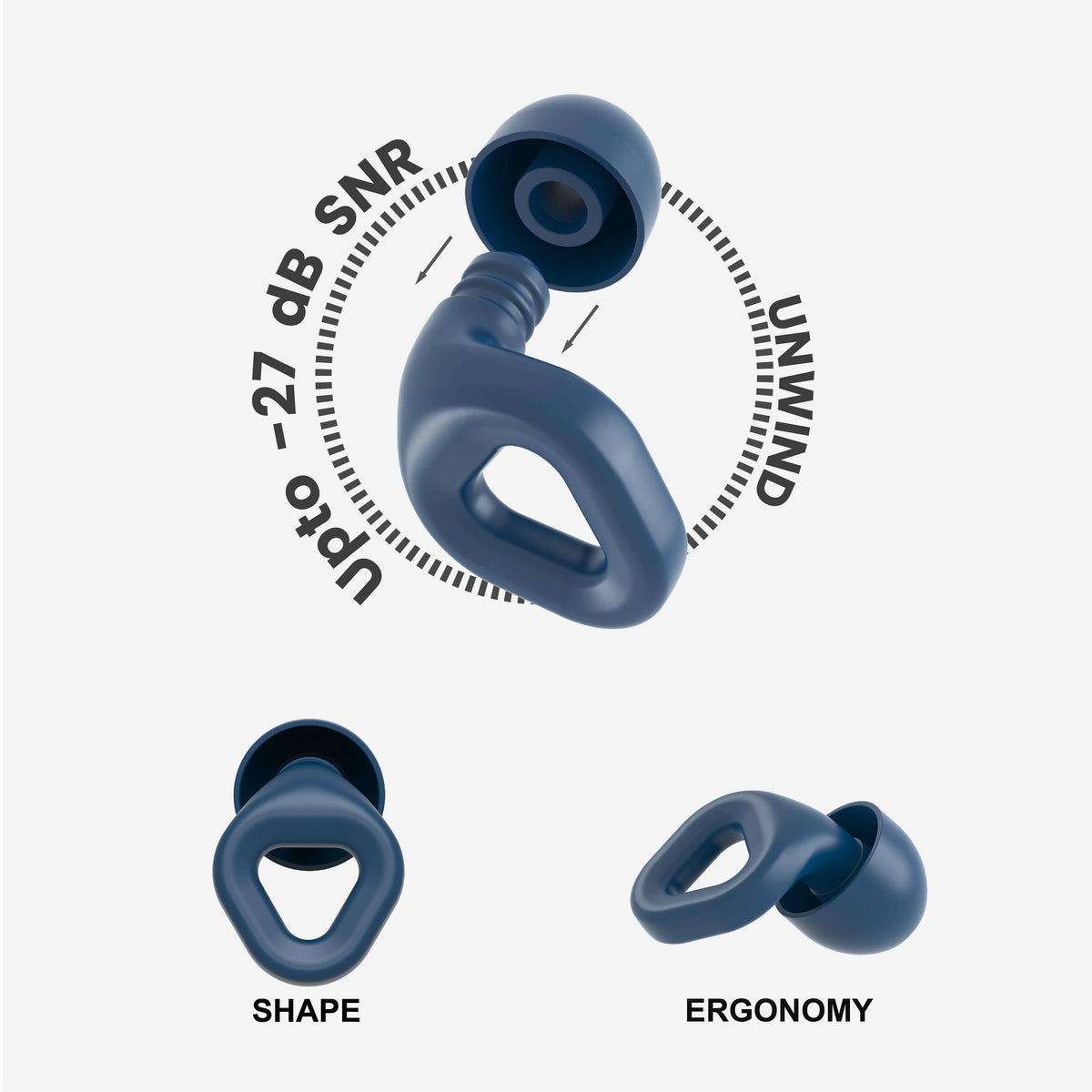 ZENZ Unwind Earplugs in Lagoon Navy, noise reducing earplugs for sleep, ergonomic design for enhanced comfort.