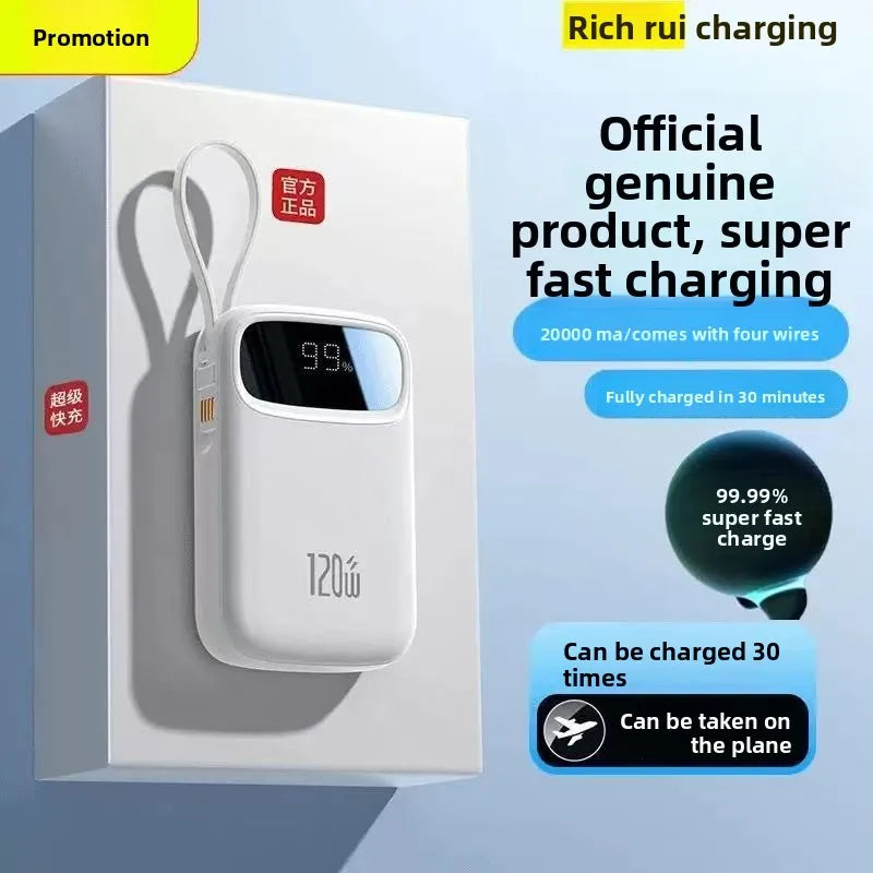 Portable Power Bank 10000–20000mAh with Built-In Cables
