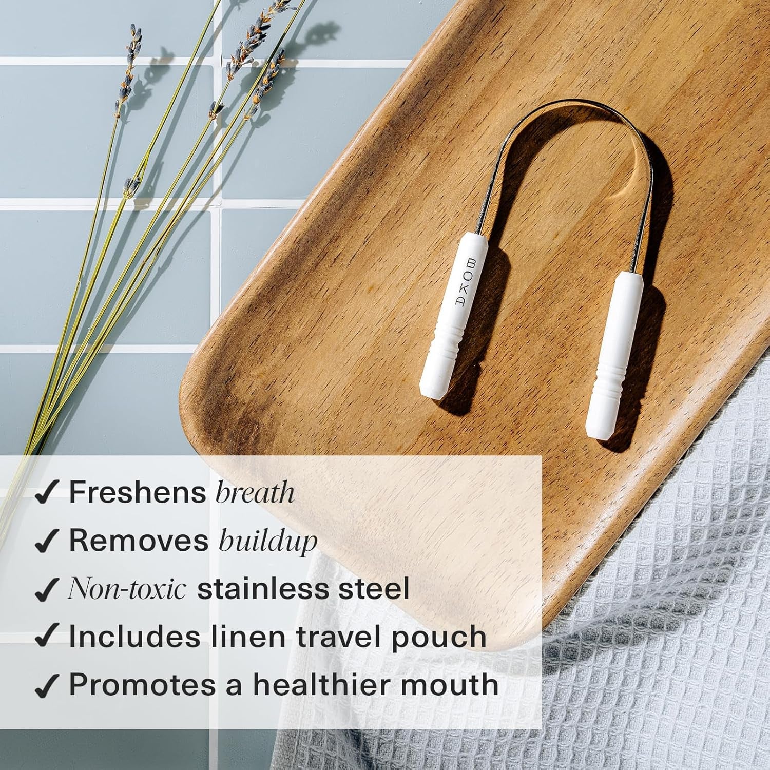 Boka Tongue Scraper for Adults & Kids with Case - Stainless Steel Tongue Cleaner W/Linen Travel Pouch - Scrubber to Remove Tongue Buildup and Freshens Breath (Pack of 1)
