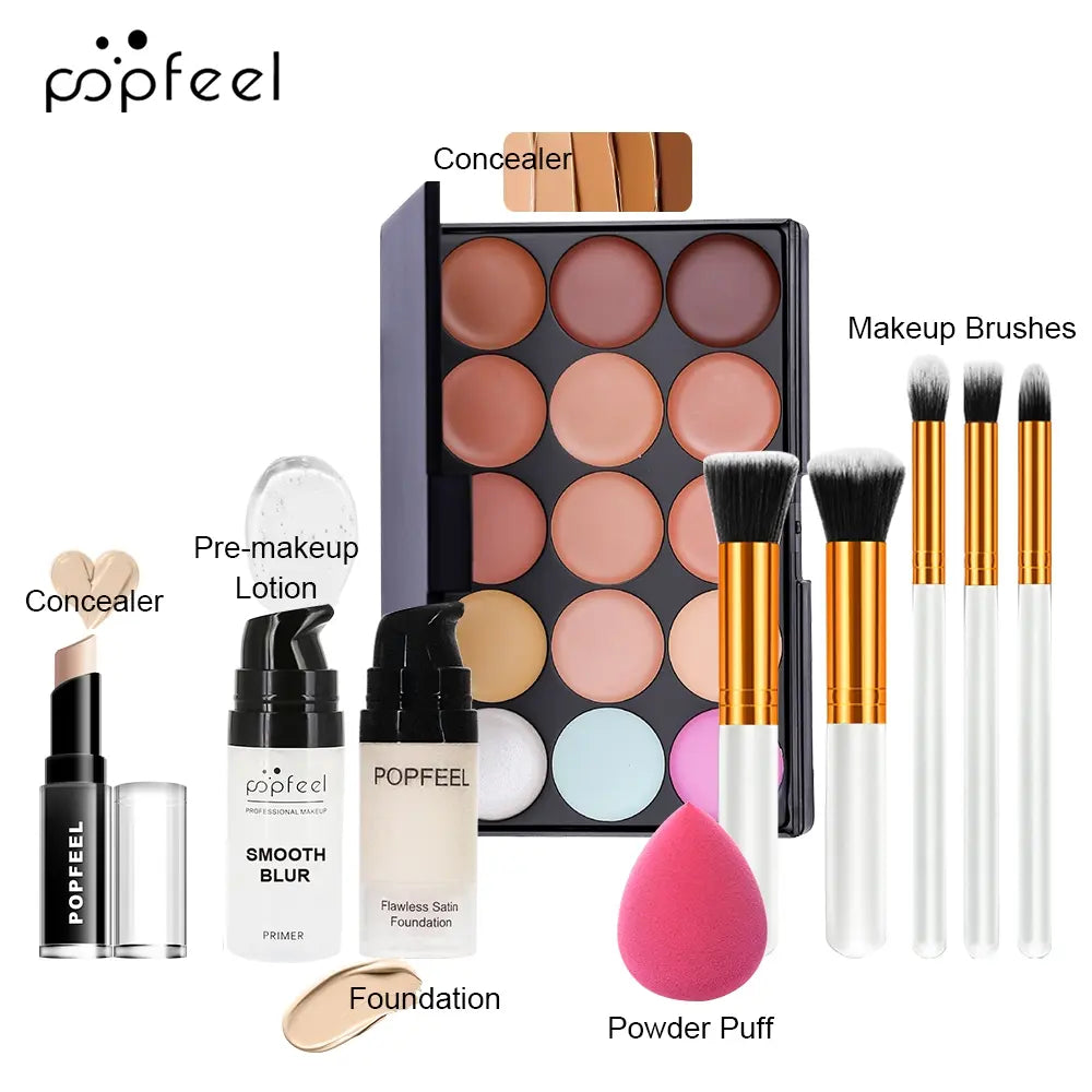 Popfeel Face Makeup Set 10-Piece Kit, Concealer & Primer Cream, Complete Cosmetic Collection for Teen Girls, Includes Brushes, Daily Makeup Kit