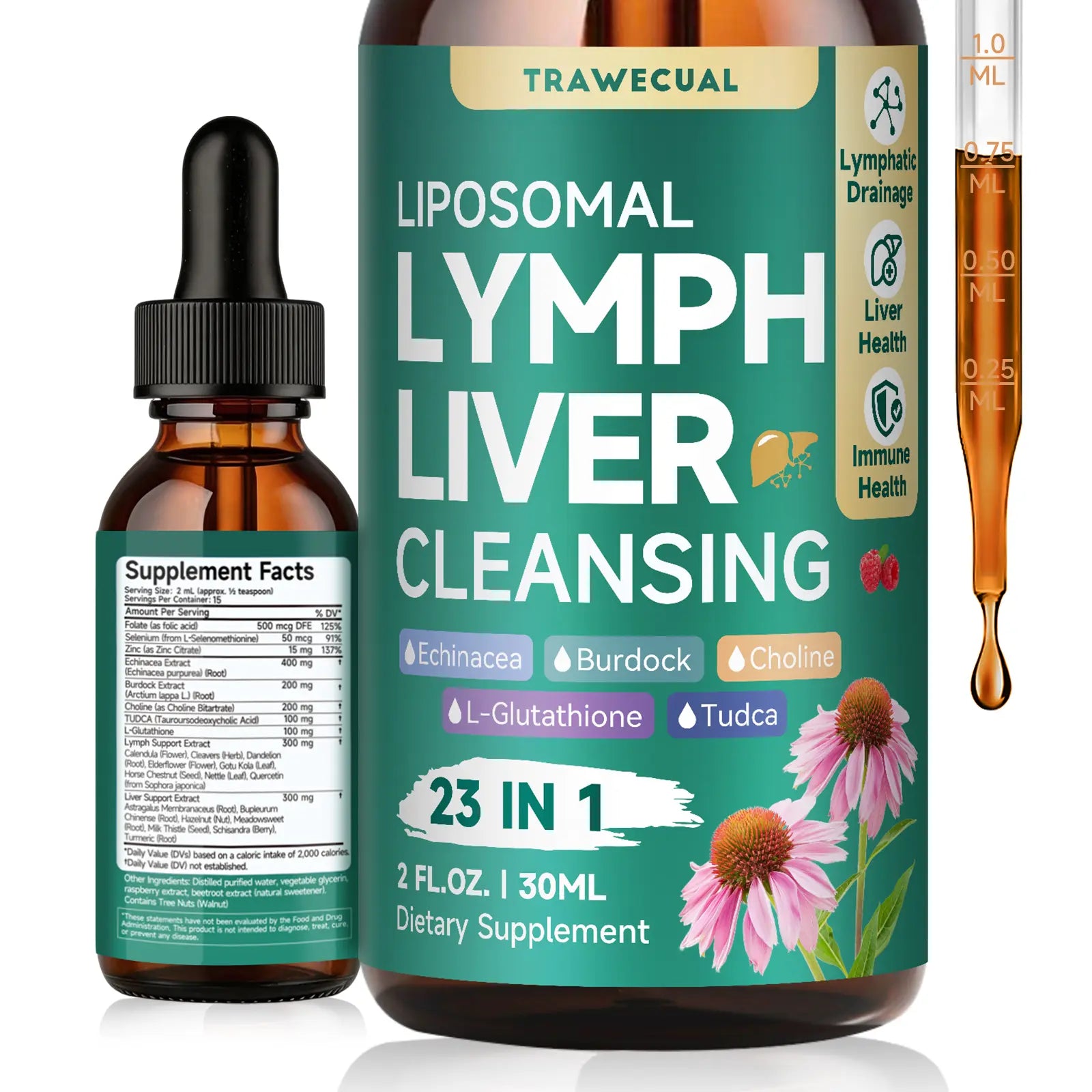 Trawecual Liposomal Lymphatic Support& Liver Cleanse Help Drops 23-In-1 for Detox & Immune Boost with Echinacea NAC TUDCA L-Glutathione Burdock Raspberry Flavor 2 Fl Oz - Natural, Healthcare Supplement Healthy