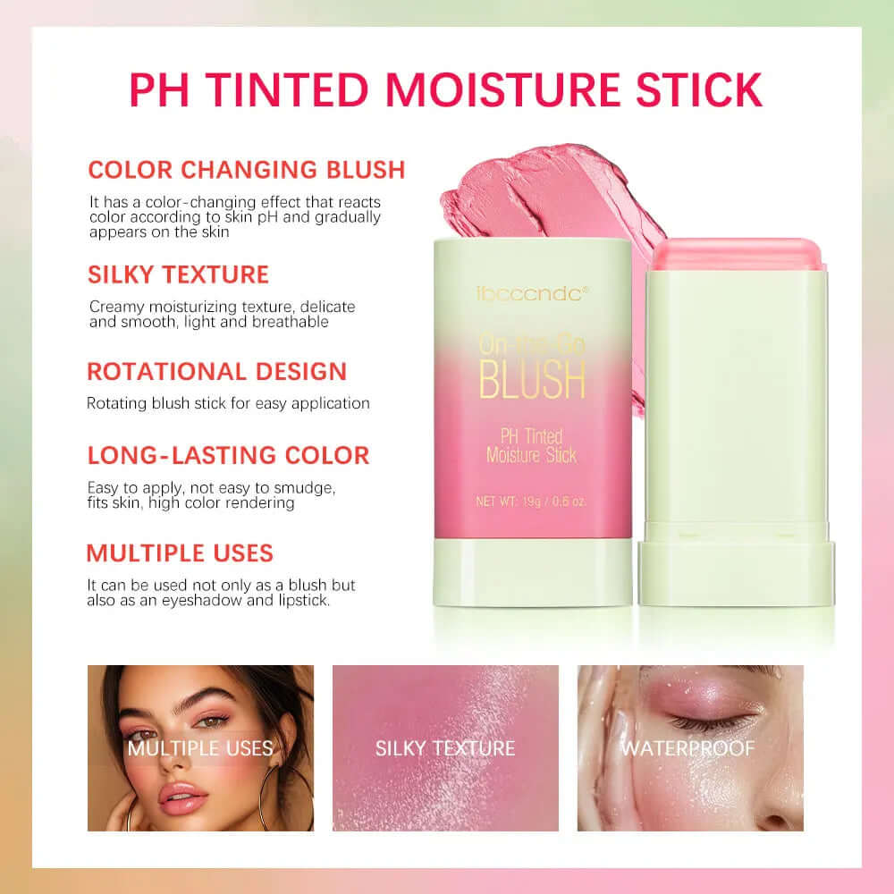 Temperature Change Tint Blush Stick showcasing color-changing blush, silky texture, and multiple uses for cheeks and eyes.