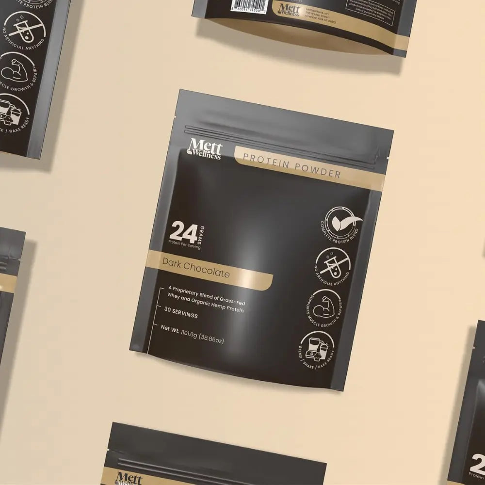 Mett Wellness Protein Powder | Dark Chocolate Grass-Fed Whey + Hemp Heart Protein | 24G Protein per Serving | 30 Servings