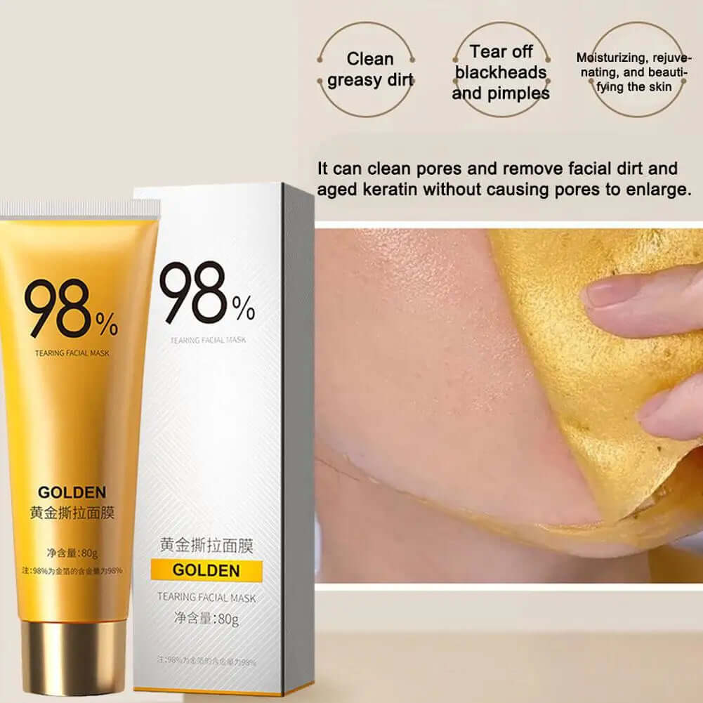 Gold peel mask for blackhead removal, 80g tube for deep cleansing and tightening skin.