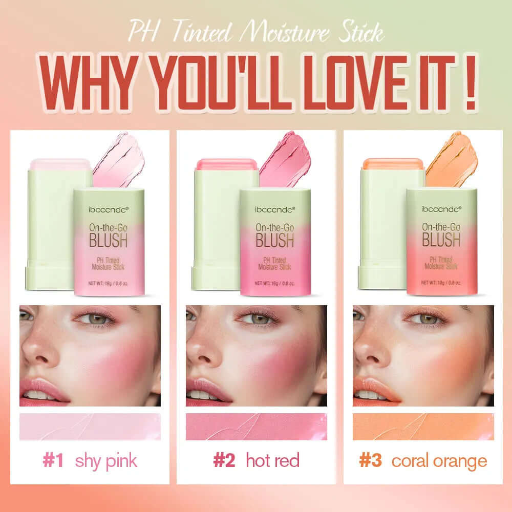 Temperature Change 3-In-1 Cheek Lip Tinted Pixiblush Stick in Shy Pink, Hot Red, and Coral Orange shades showcasing makeup options.