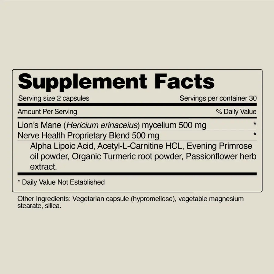 Supplement facts for natural nerve health supplement including Lion's Mane and proprietary blend ingredients.